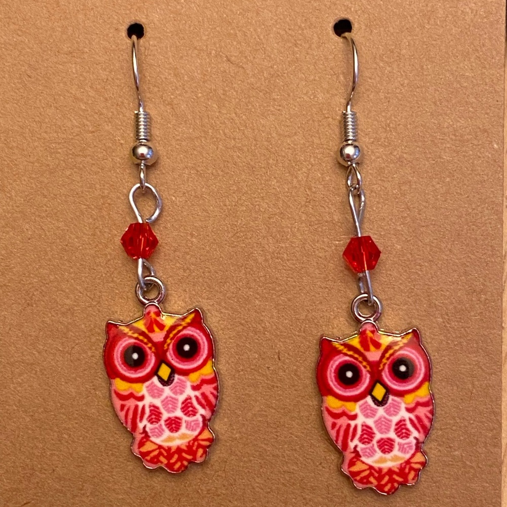 Hand Crafted Pink Multicolor Beaded Owl Dangle Earrings